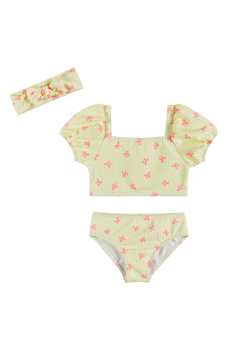 Andy & Evan Kids' Puff Sleeve Two-Piece Swimsuit & Headband Set, Main, color, Yellow Stripe