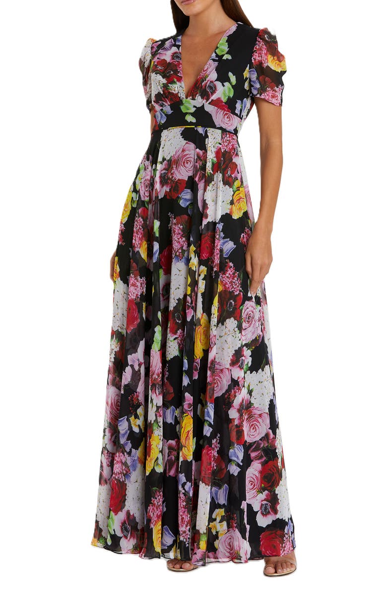 Mac Duggal Floral print mesh cap sleeve gown, Main, color, Black Multi