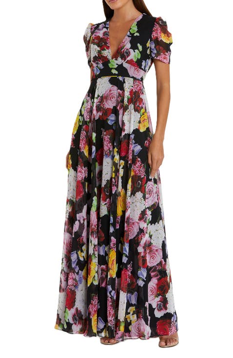 Floral print mesh cap sleeve gown