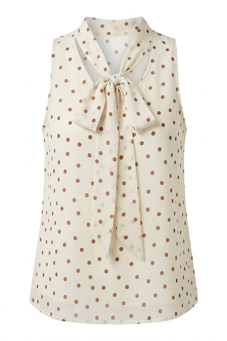 Sleeveless Tie Neck Polka Dot Blouse, Main, color, Beige