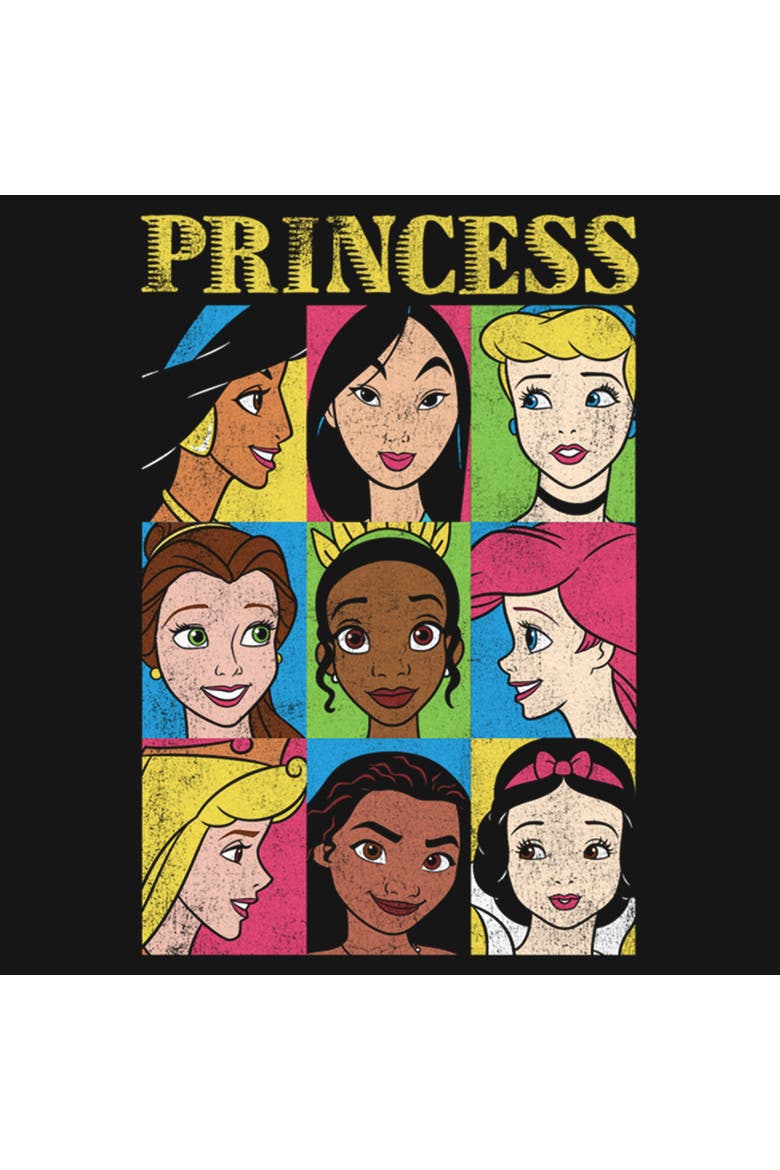 Women's Disney Princesses Princess Distressed Close-Up Poster Graphic Tee, Alternate, color, Black