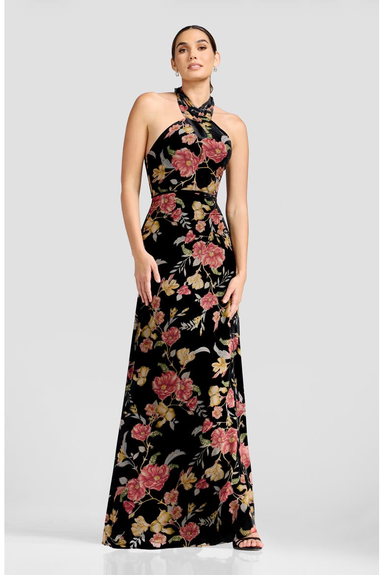 Brighton Floral Burnout Velvet Halter Gown, Alternate, color, BLACK MULTI