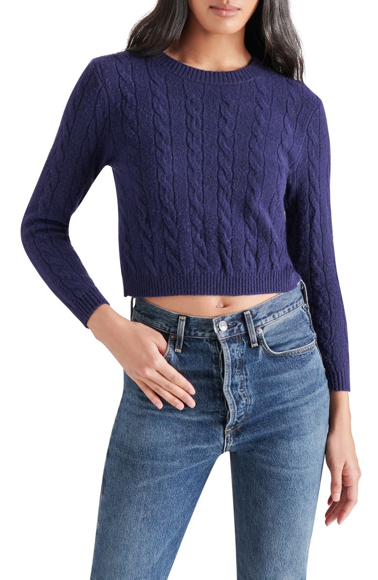 Steve Madden Jeany Bow Back Cable Stitch Sweater, Main, color, 