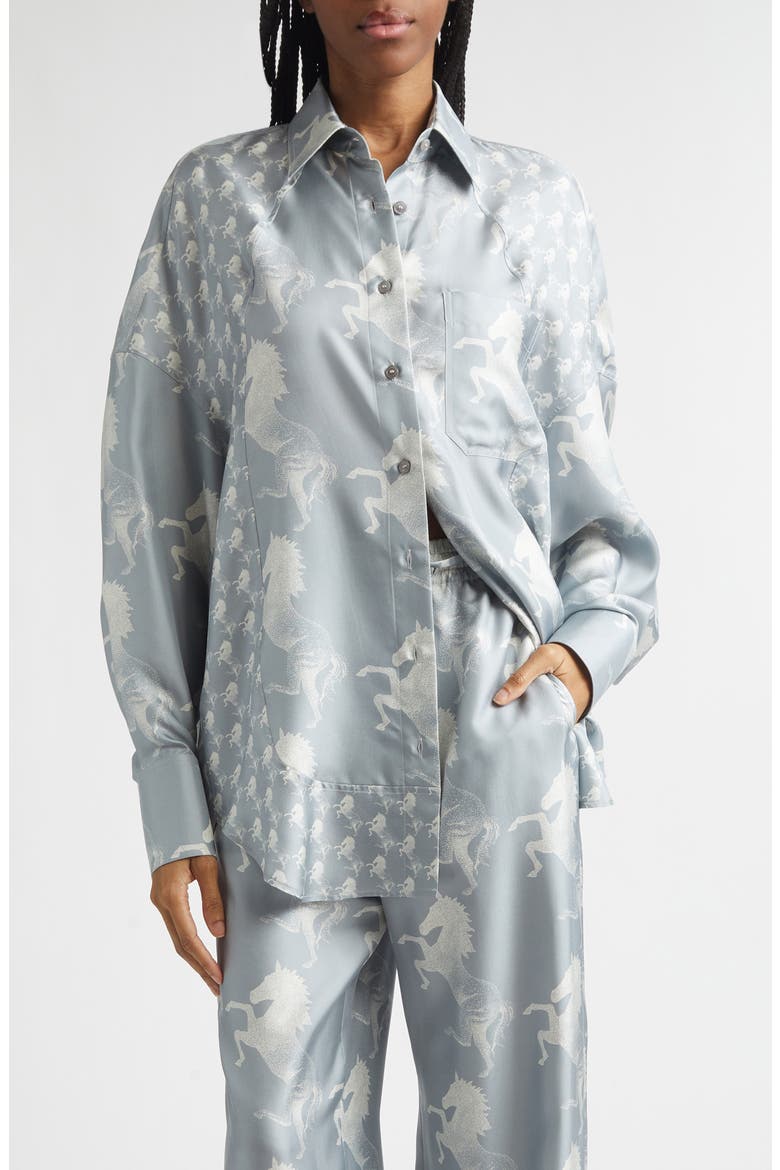 Horse Print Paneled Silk Button-Up Shirt, Main, color, BLUE/ CREAM