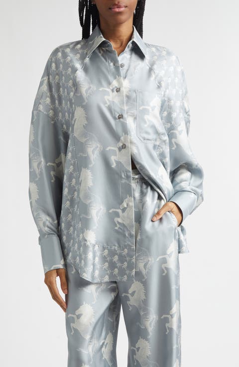 Horse Print Paneled Silk Button-Up Shirt