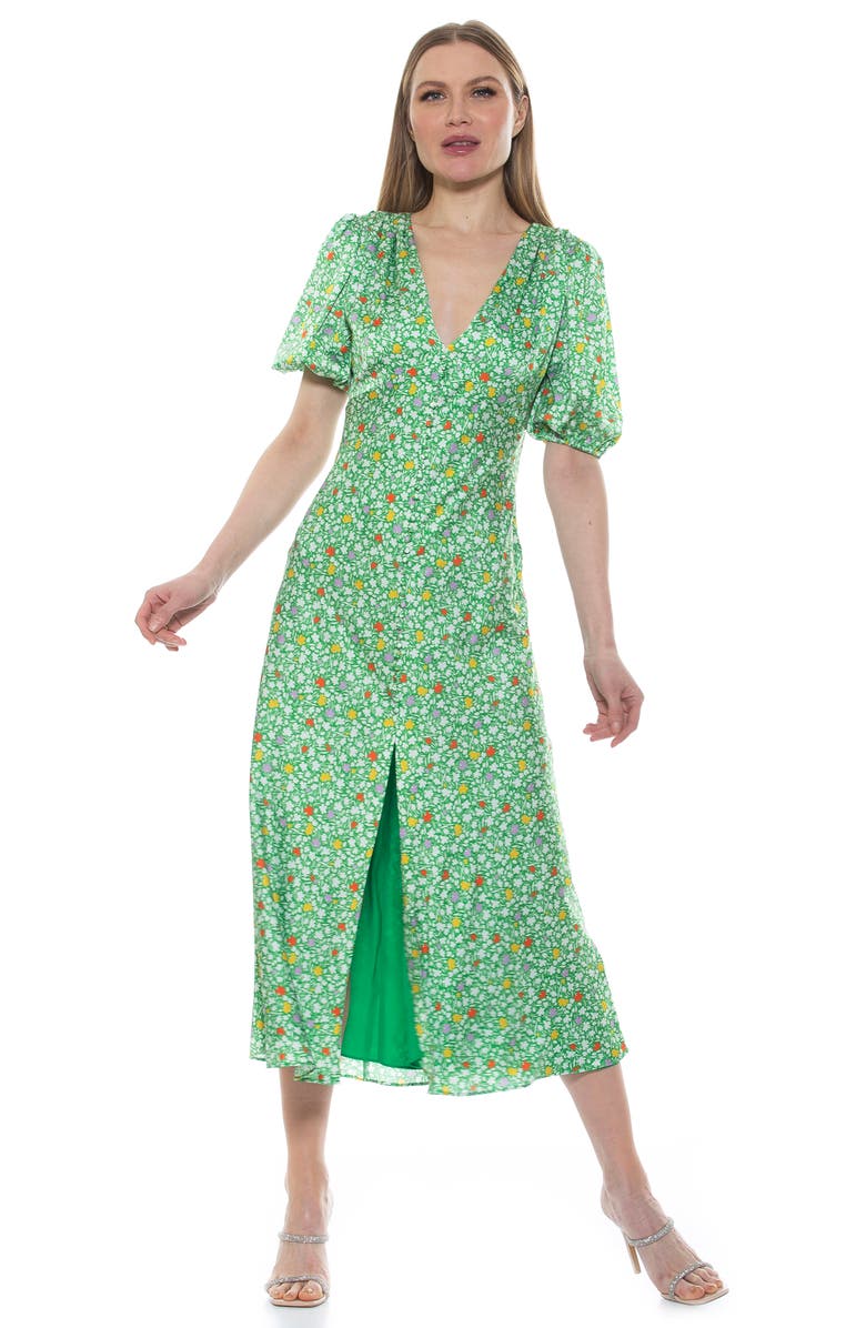 Alexia Admor Lorelei V-Neck Bubble Sleeve Midi Dress, Alternate, color,