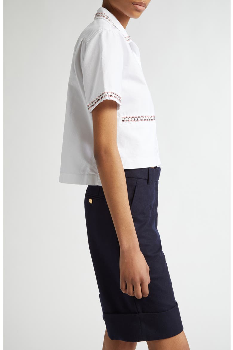 Drop Back Crop Short Sleeve Cotton Button-Up Shirt, Alternate, color, WHITE