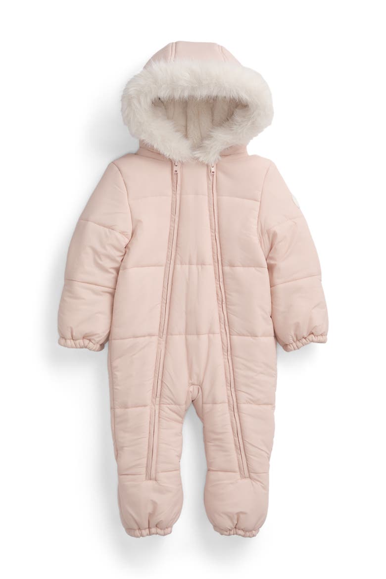 Recycled Faux Fur Lined Embroidered Snowsuit, Main, color, Peach Whip