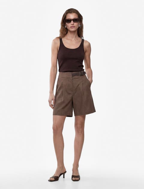 Pleated Linen Bermuda Shorts With Half Belted