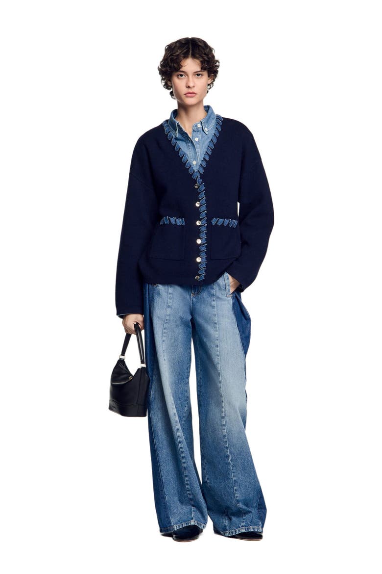Cardigan with denim details, Alternate, color, Navy blue