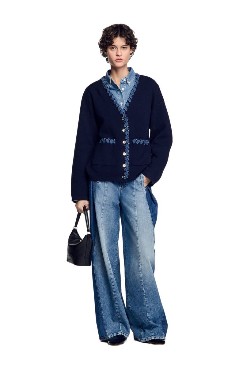SANDRO Cardigan with denim details, Alternate, color, 