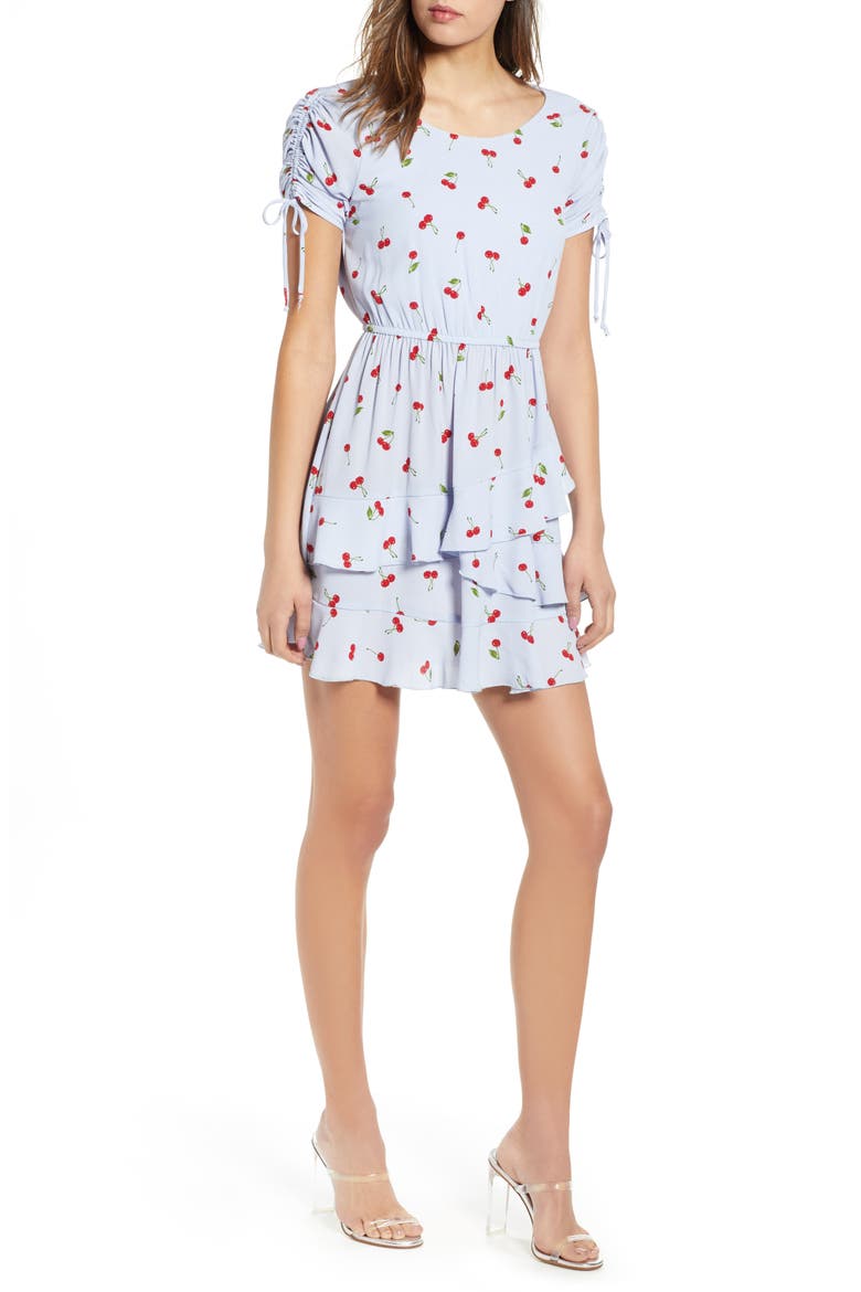 Cherry Tie Sleeve Minidress, Main, color, POWDER BLUE/ RED