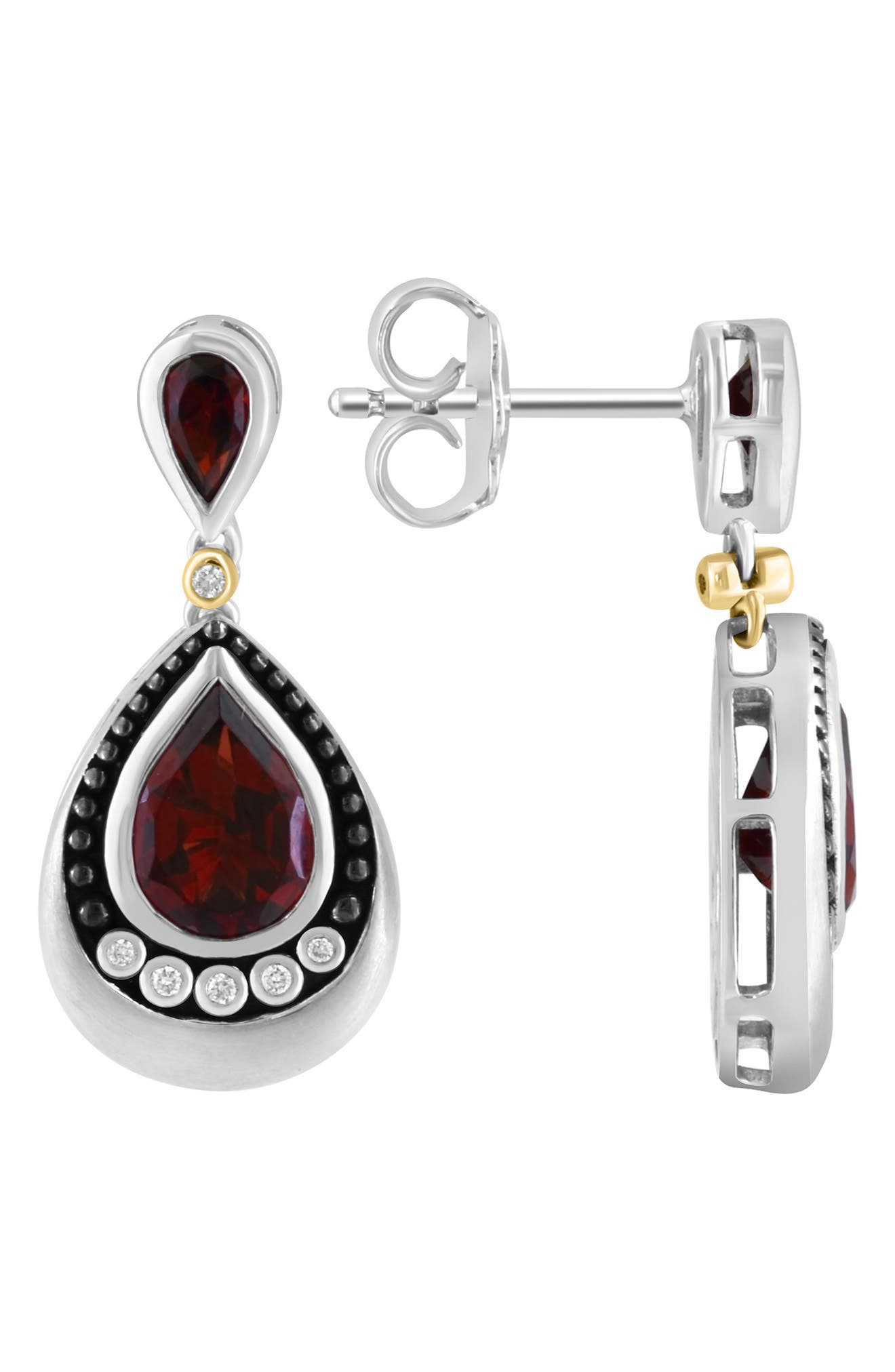 EFFY Sterling Silver & 14K Gold Garnet & Diamond Teardrop Earrings - 0.04ct.