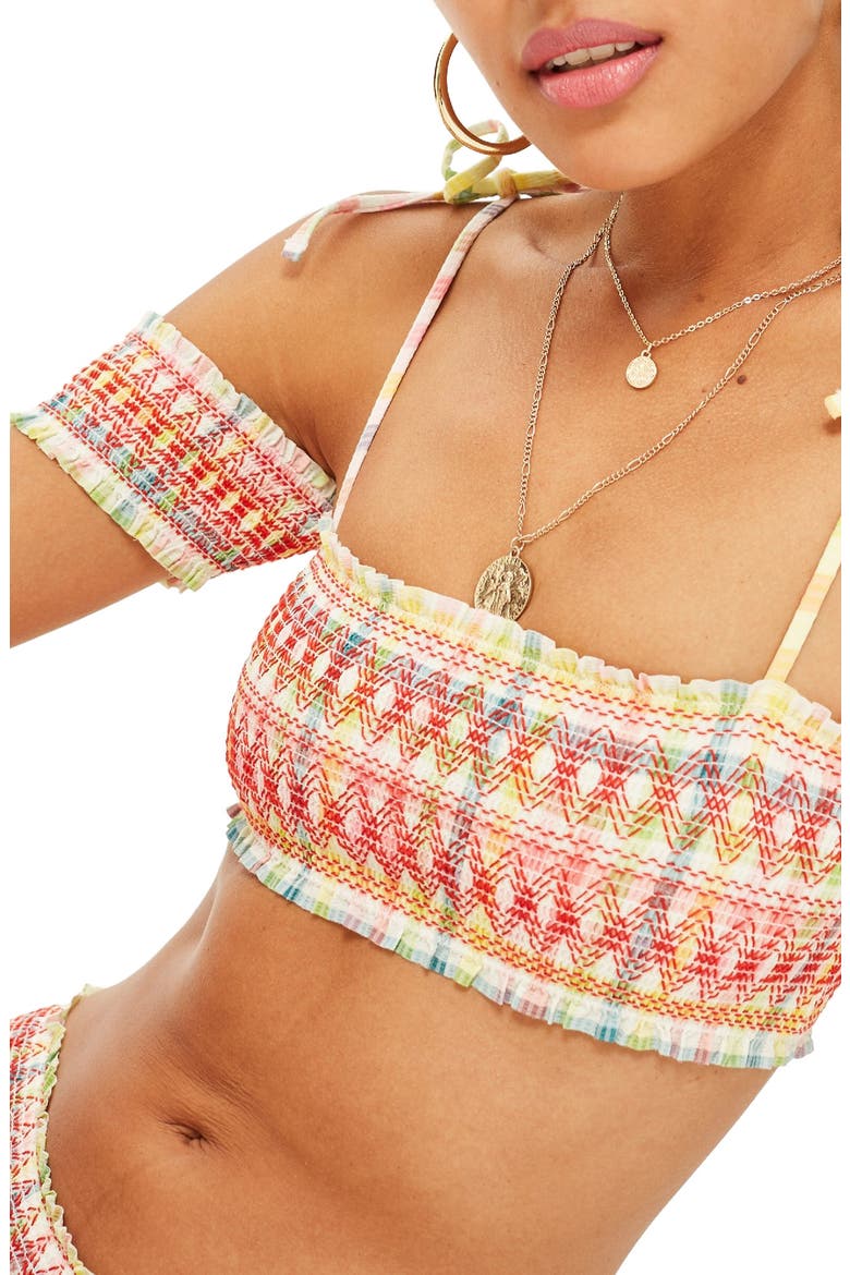 Check Bardot Bikini Top, Main, color, RED MULTI