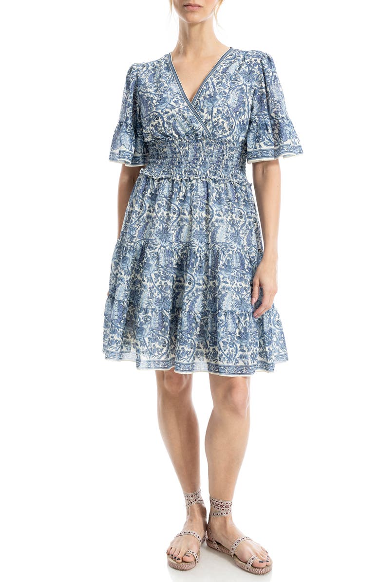 MAX STUDIO Short Bell Sleeve Fit & Flare Dress, Main, color, Blue Leafy Folk Flower