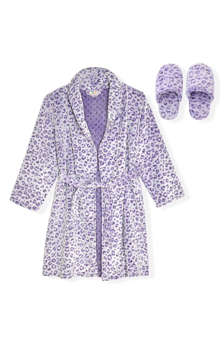 SLEEP ON IT Kids' Leopard Spot Fleece Robe & Slippers Set, Main, color, Purple