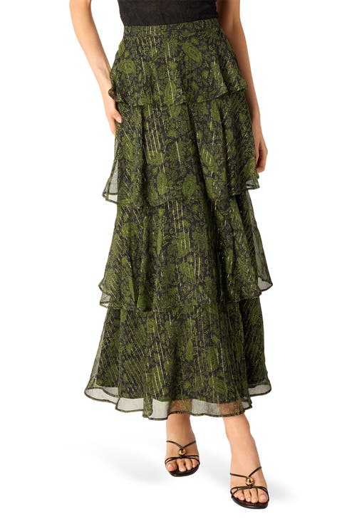 Gaia Metallic Paisley Tiered Silk Blend Maxi Skirt