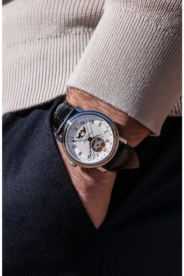 Classics Heartbeat Moon Phase Leather Strap Watch, 40mm, Alternate, color, SILVER-TONE