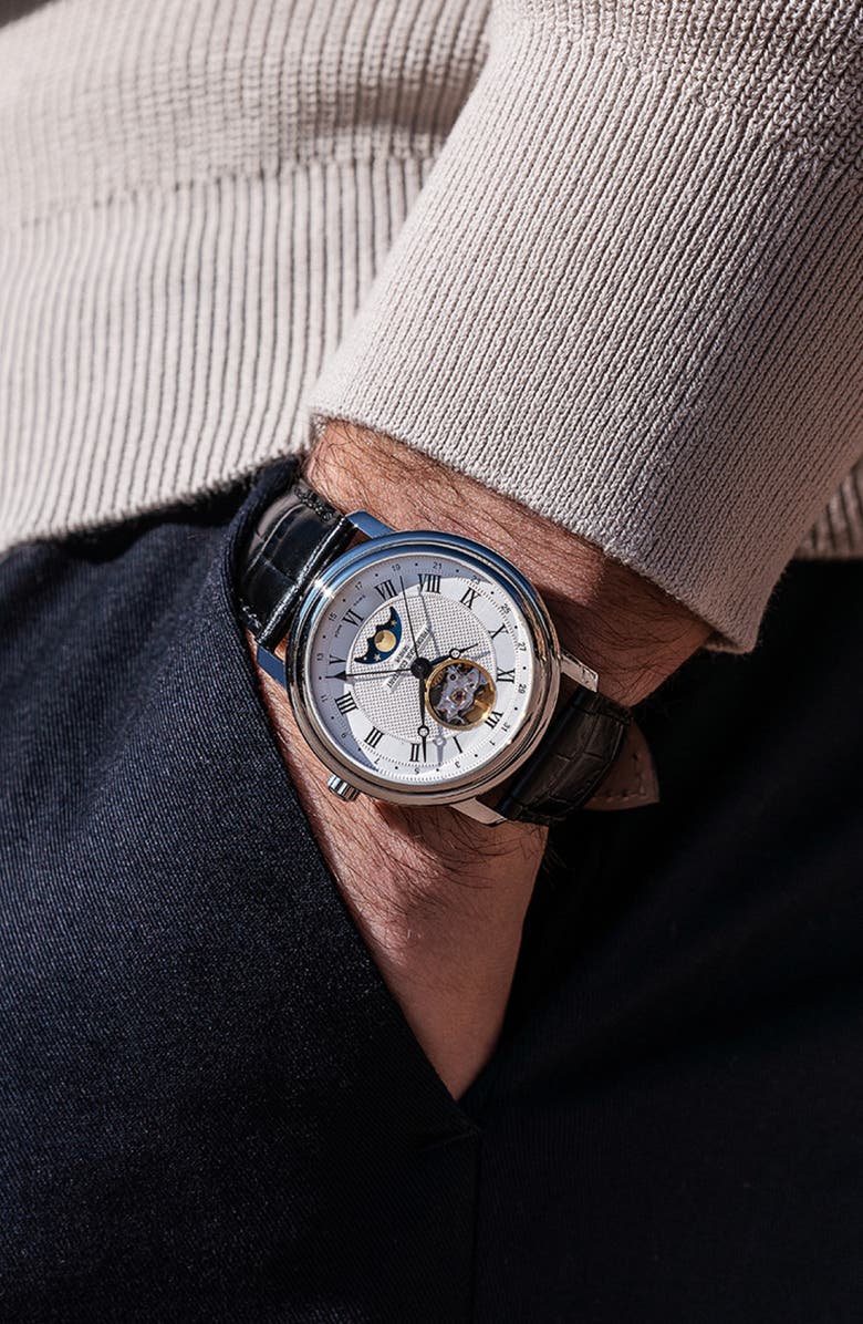 FREDERIQUE CONSTANT Classics Heartbeat Moon Phase Leather Strap Watch, 40mm, Alternate, color, Silver-Tone