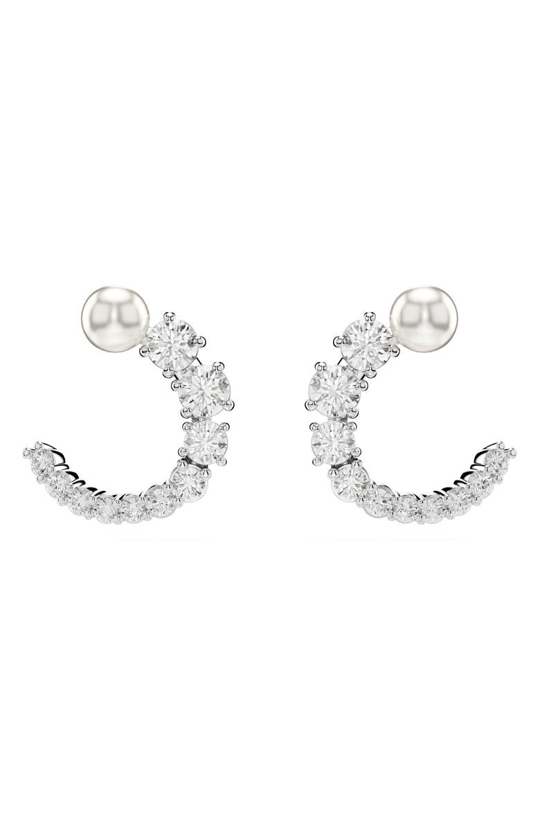 Swarovski Matrix Imitation Pearl & Crystal Frontal Hoop Earrings, Main, color, Silver