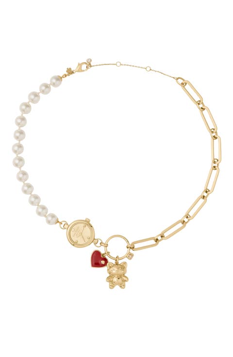 Imitation Pearl & Link Charm Necklace