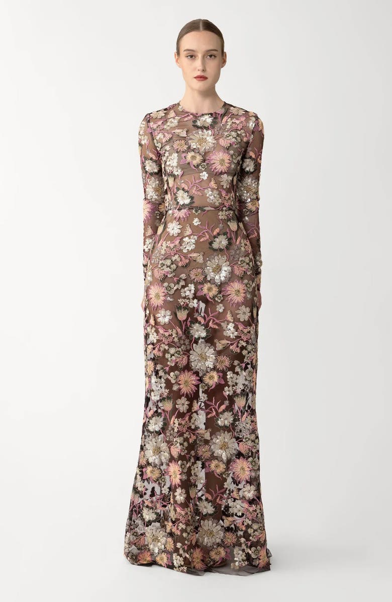 SAU LEE Goldie Embellished Long Sleeve Sheer Mermaid Gown, Alternate, color, Black Multi