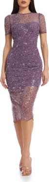 Dress the Population Lia Sequin Illusion Mesh Overlay Midi Cocktail Dress