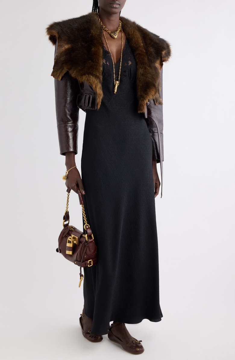 Chloé Lace Trim Floral Jacquard Silk Column Dress, Alternate, color, Black