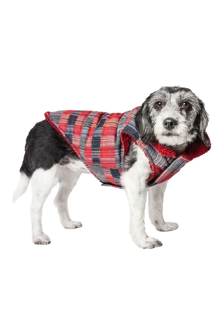 'Scotty' Classical Plaided Insulated Faux Shearling Lined Dog Coat, Alternate, color, RED AND GREY PLAID