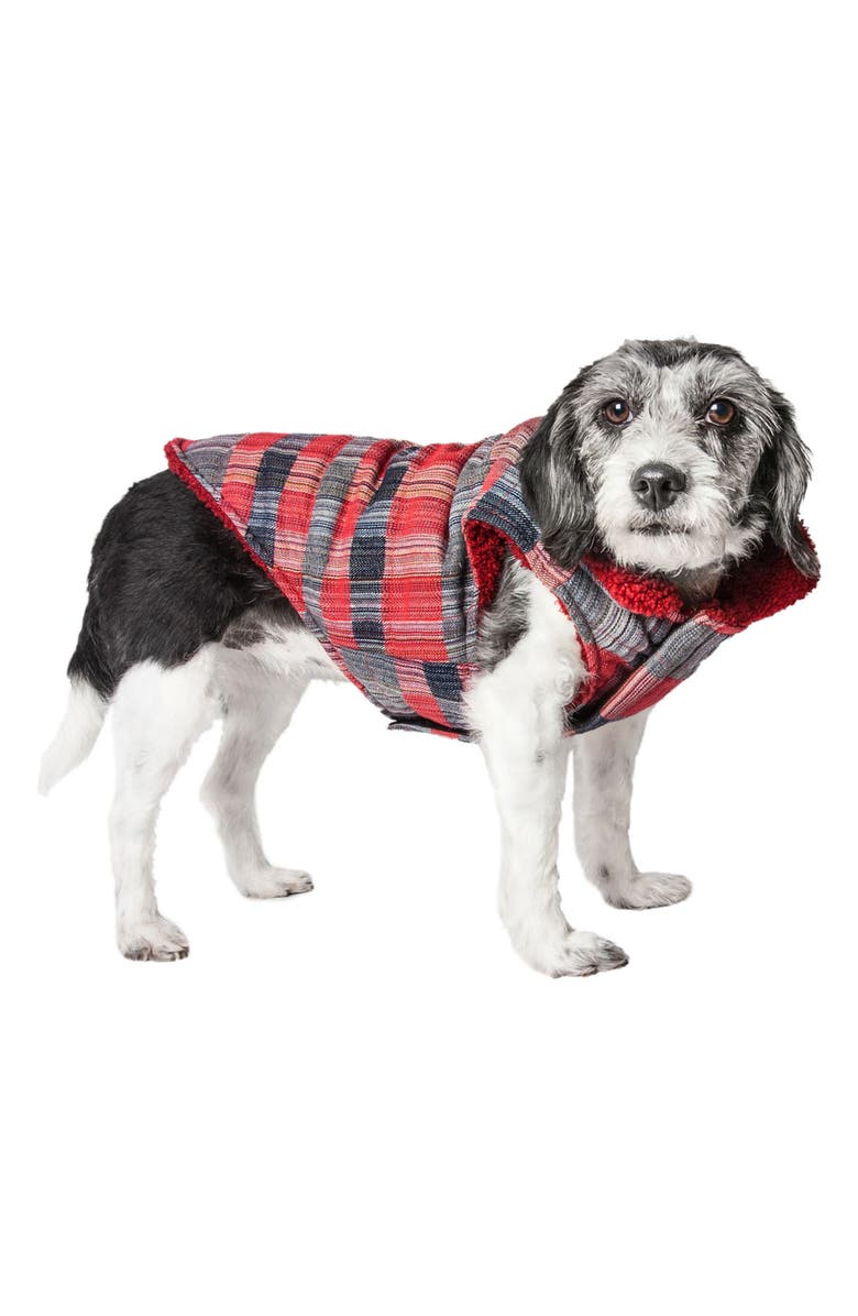 PET LIFE 'Scotty' Classical Plaided Insulated Faux Shearling Lined Dog Coat, Alternate, color, Red And Grey Plaid