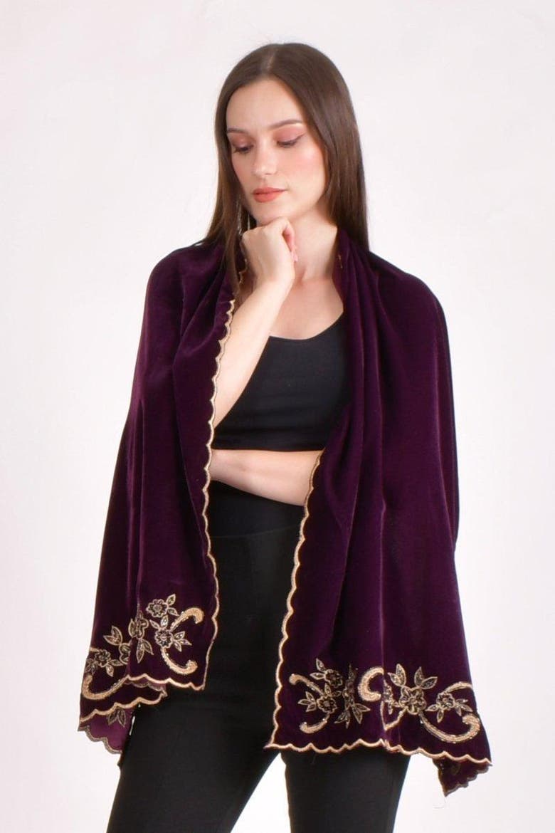 Cutwork Floral Hand Embroidered Velvet Scarf, Alternate, color, Wine