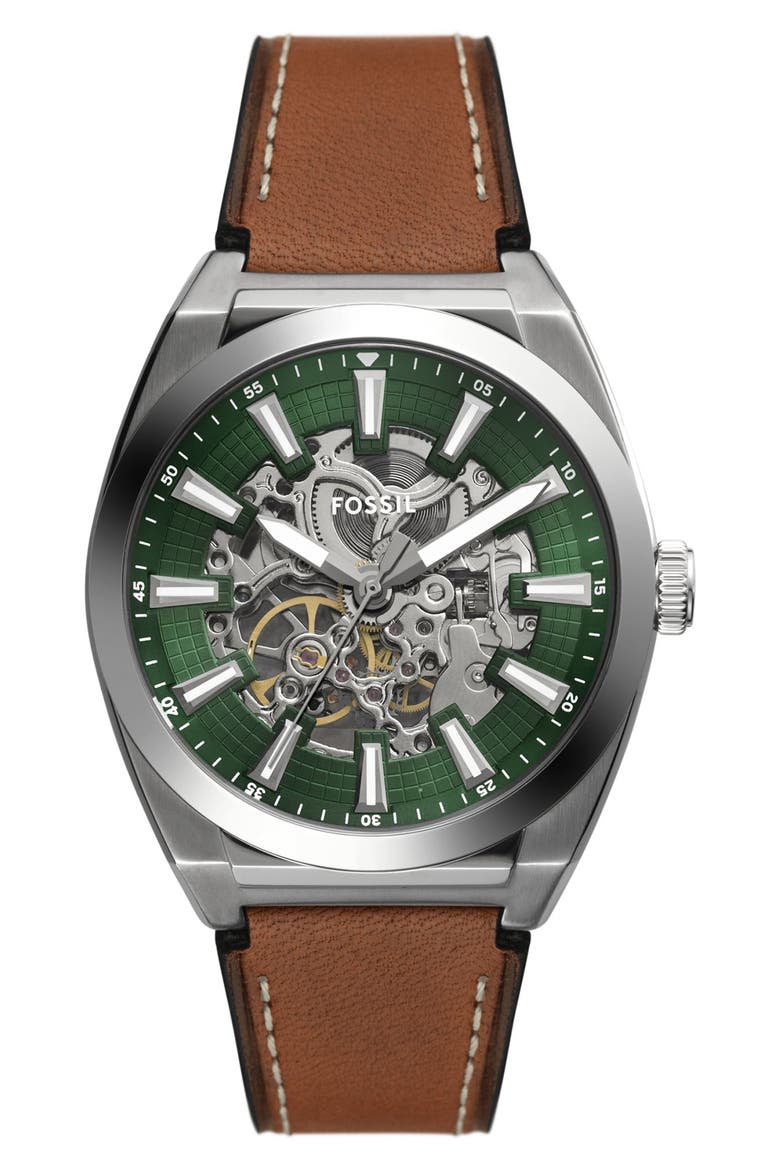 Everett Leather Strap Watch, 42mm, Main, color, BROWN