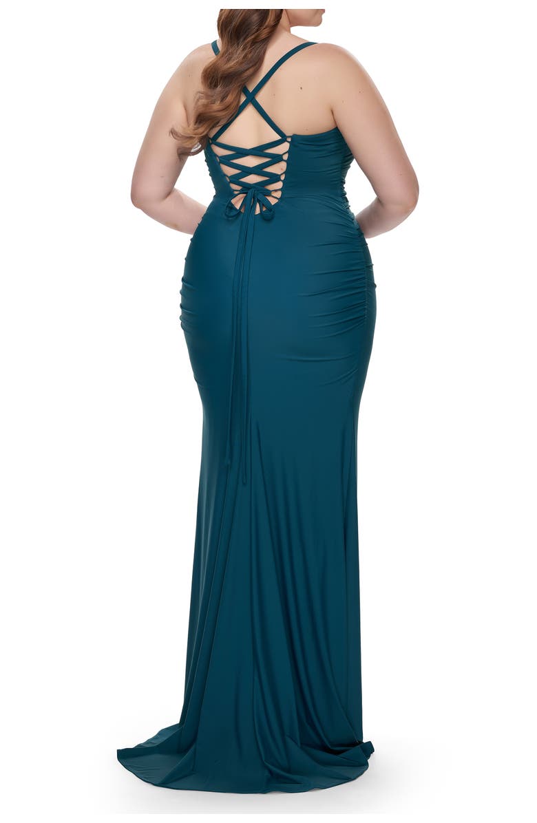 La Femme Ruched Jersey Plus Dress with Lace Up Back, Alternate, color, Dark Teal