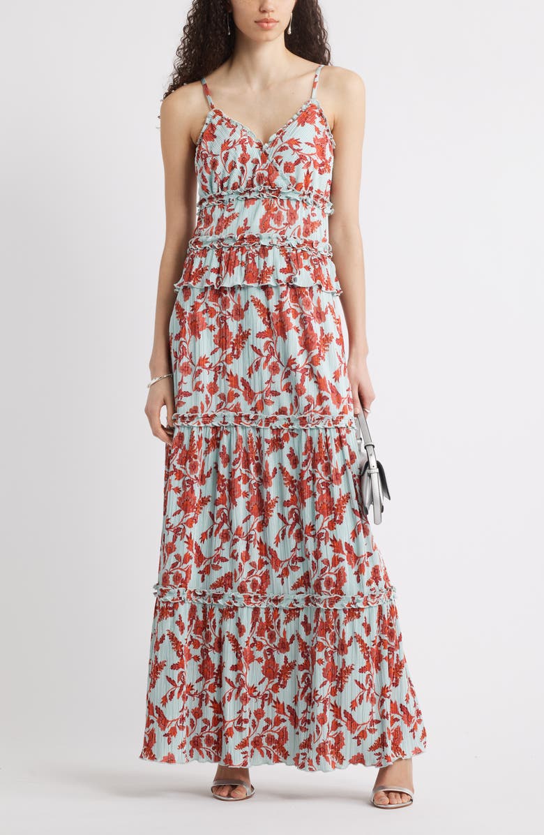 Chelsea28 Ruffle Plissé Maxi Sundress, Alternate, color, Blue- Red Annie Floral