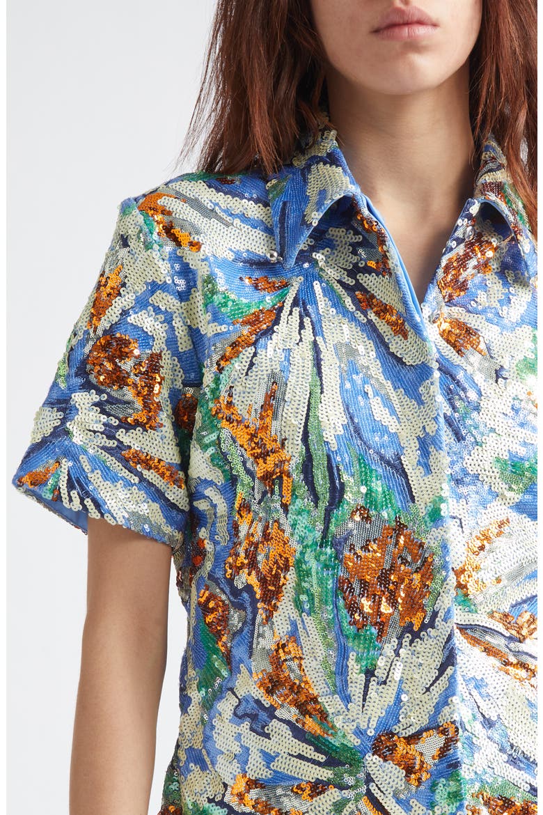 Floral Sequin Short Sleeve Shirt, Alternate, color, ABSTRACT BLUE FLOWERS