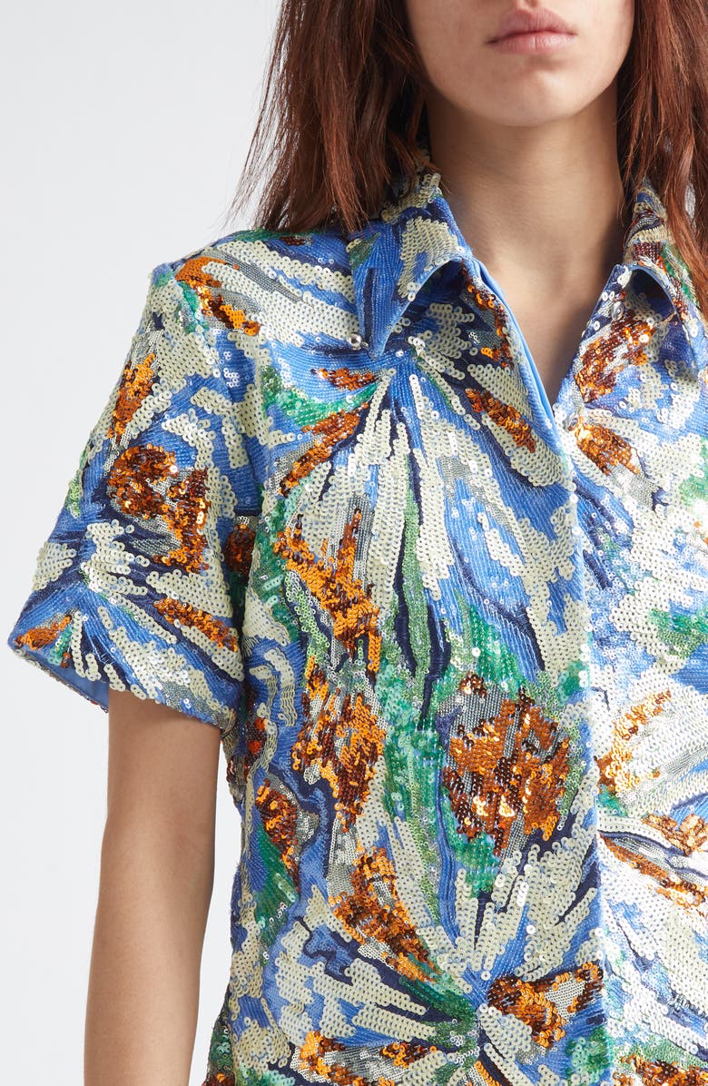 Rabanne Floral Sequin Short Sleeve Shirt, Alternate, color, Abstract Blue Flowers