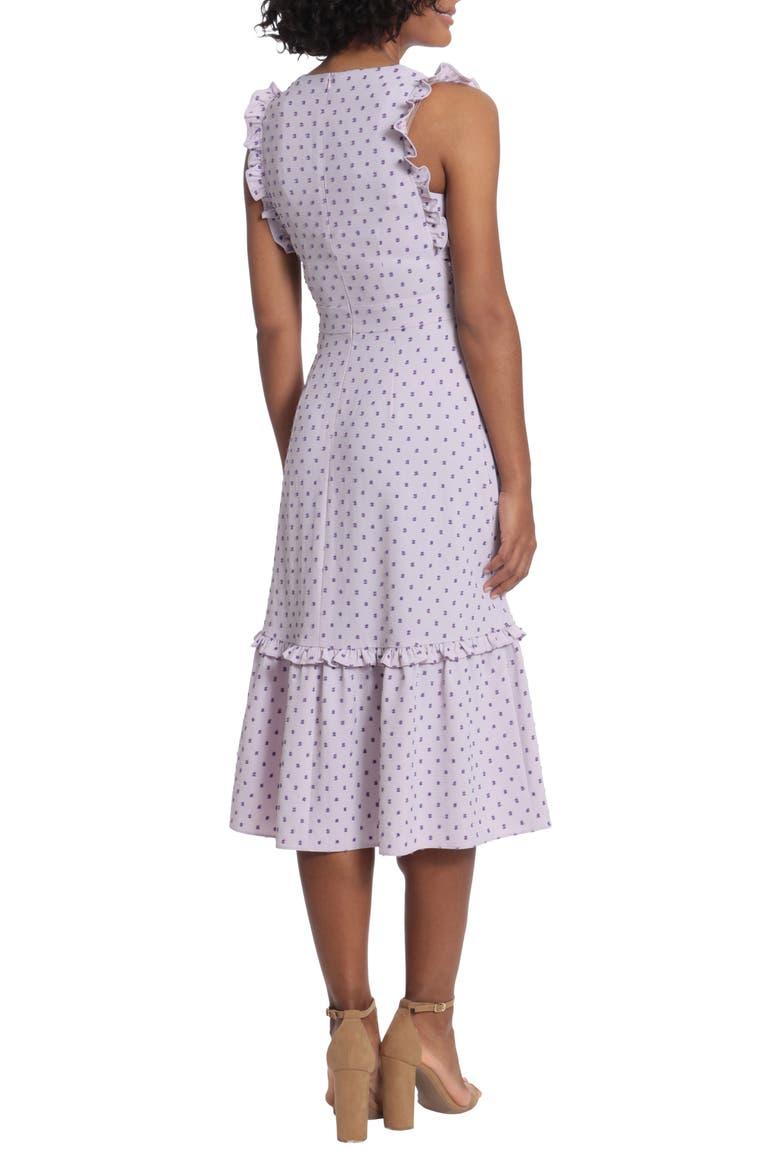 Swiss Dot Ruffle Trim Midi Dress, Alternate, color, LILAC