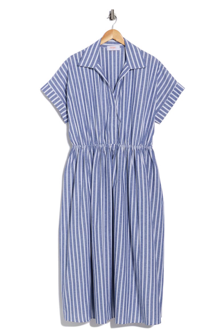 Stripe Short Sleeve Cotton & Linen Midi Dress, Alternate, color, FRENCH BLUE