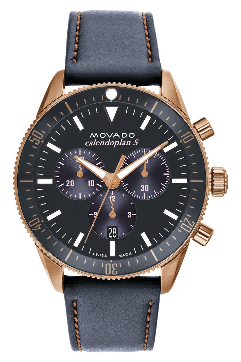 Heritage Calendoplan Chronograph Leather Strap Watch, 42mm, Main, color, GRAY