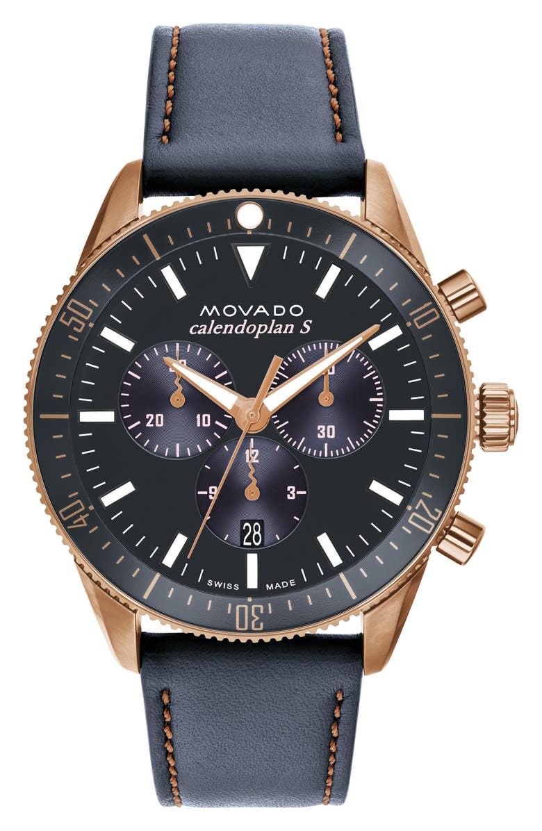 Movado Heritage Calendoplan Chronograph Leather Strap Watch, 42mm, Main, color,