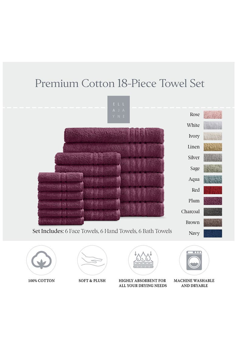 Solid Cotton 18-Piece Towel Set, Alternate, color, PLUM