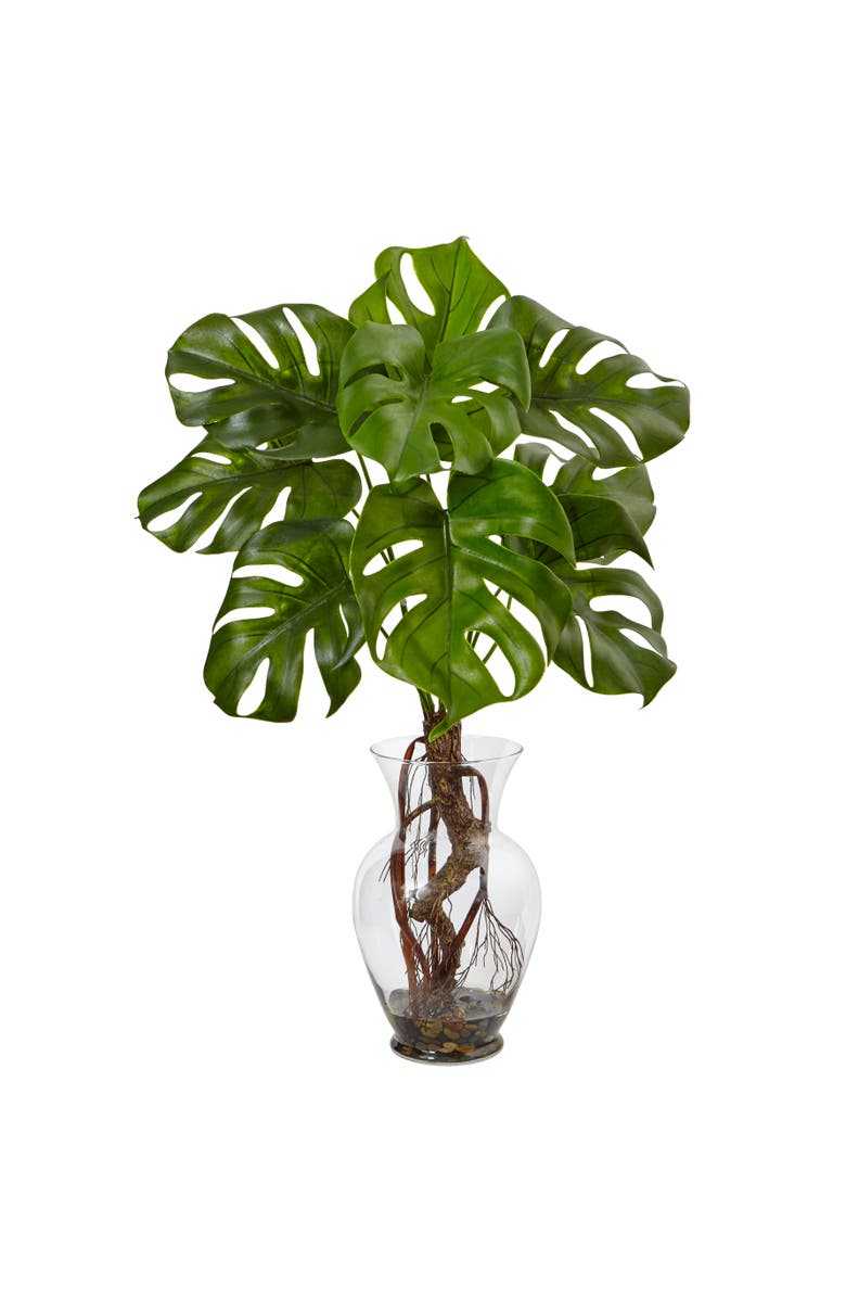 NEARLY NATURAL 26-in Monstera Plant in Rocks with Glass Vase, Main, color, Green