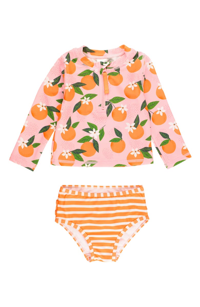 RuffleButts Orange You the Sweetest Long Sleeve Two-Piece Rashguard Swimsuit, Main, color, Pink