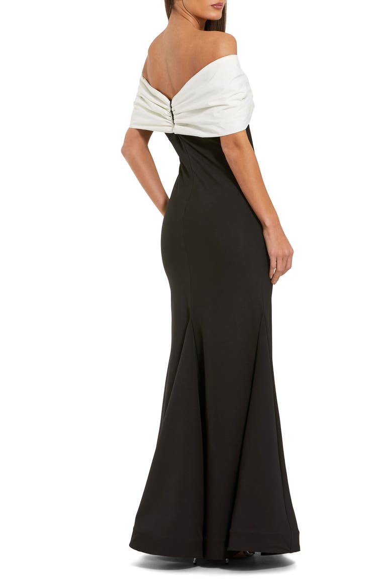 Off The Shoulder Mermaid Gown with Draped Bow Detail, Alternate, color, Black Ivory