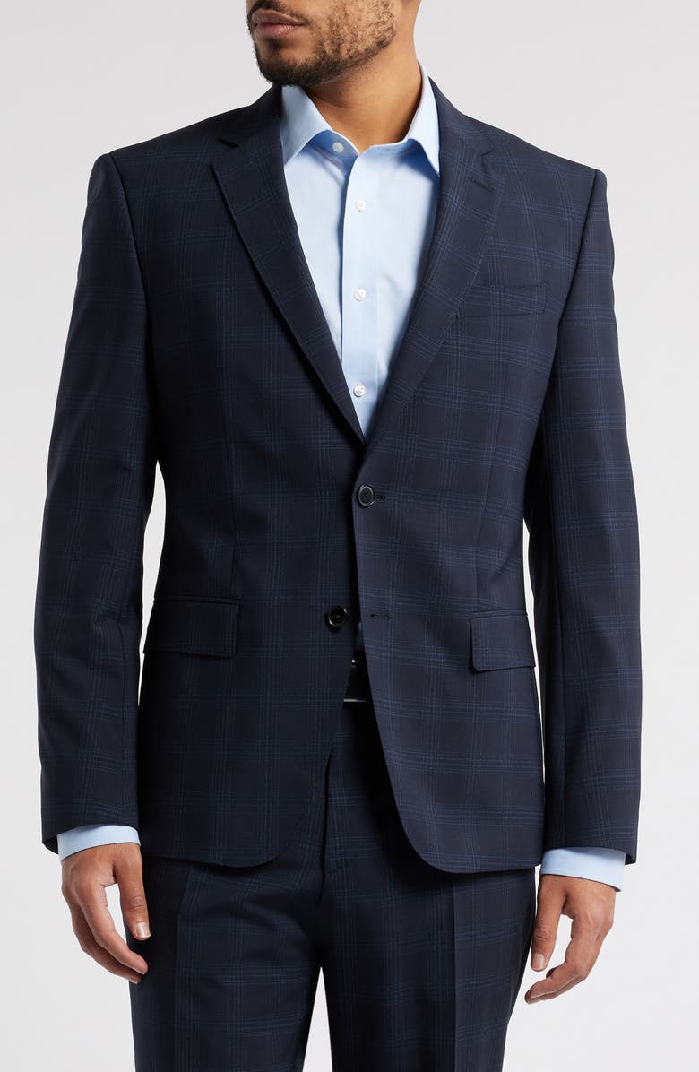 BOSS Huge Slim Fit Navy Check Stretch Wool Suit, Alternate, color, 