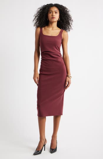 Open Edit Bonded Crepe Midi Dress In Burgundy