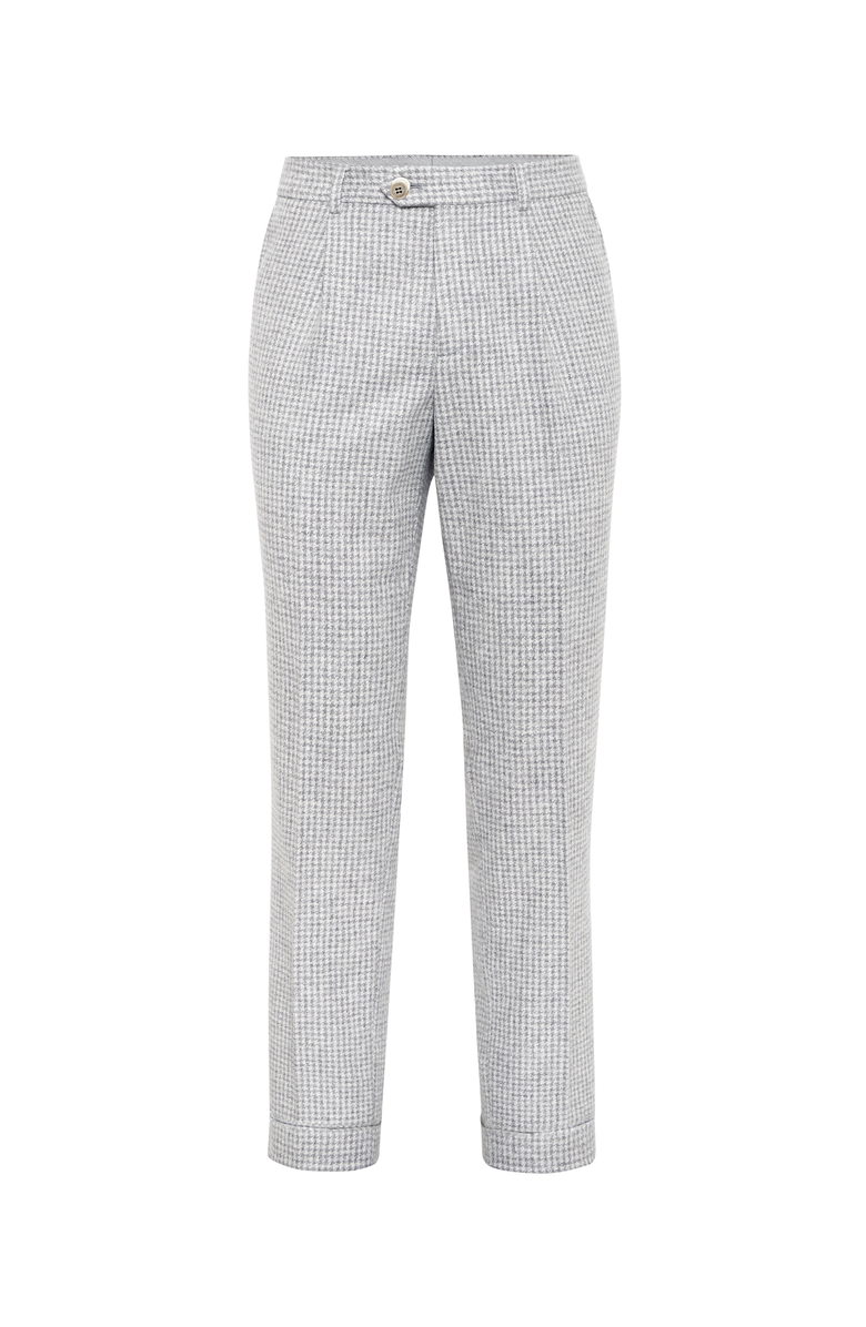Brunello Cucinelli Alpaca, wool and cotton houndstooth leisure fit trousers with pleat, Main, color,