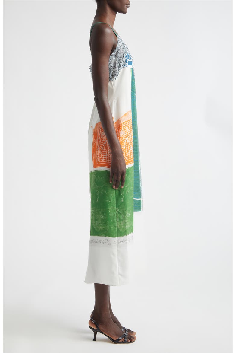 Collage Print Lace Trim Silk Midi Dress, Alternate, color, BLUE GREEN MULTI