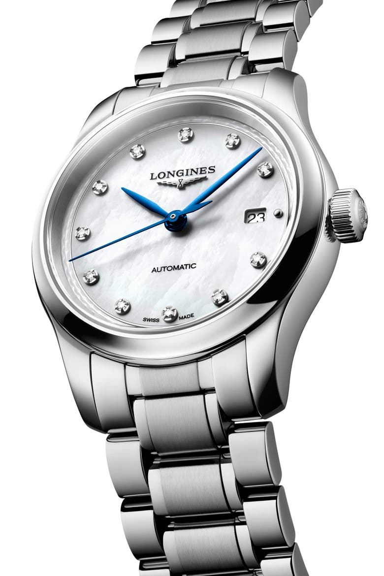 Master Collection Diamond Mother of Pearl Automatic Bracelet Watch, 30mm, Alternate, color, WHITE MOTHER-OF-PEARL
