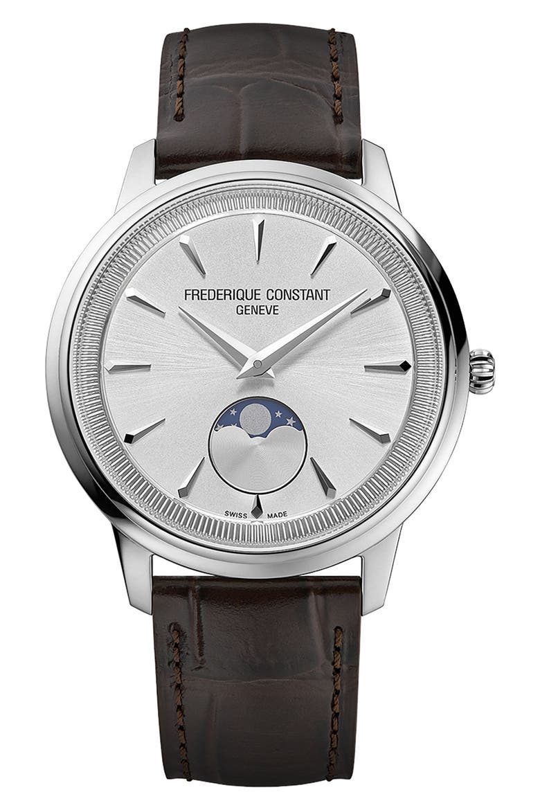 Classics Moneta Moon Phase Leather Strap Watch, 37mm, Main, color, SILVER-TONE
